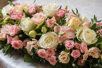Colorful wedding bouquet on a table. Bridal bouquet. Luxury royal hotel. Valentine's day, birthday, dating or mother's day decoration