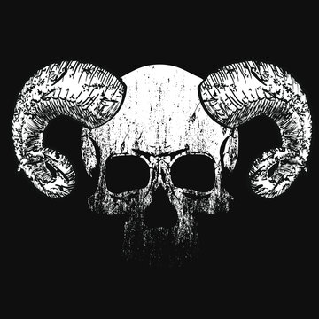 Vector design for t-shirt of a diabolic skull with horns isolated on black