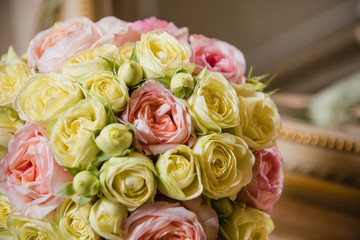 Colorful wedding bouquet on a mirror. Bridal bouquet. Luxury hotel room. Valentine's day or mother's day present