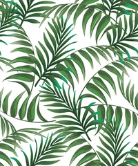 Wall murals Botanical print Green tropical palm leaves seamless vector pattern on the black background.Trendy summer print.