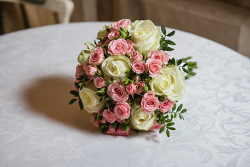 Colorful wedding bouquet on a table. Bridal bouquet. Luxury royal hotel. Valentine's day, birthday, dating or mother's day decoration