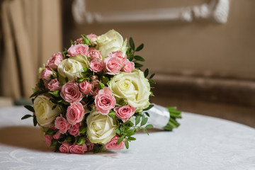 Colorful wedding bouquet on a table. Bridal bouquet. Luxury royal hotel. Valentine's day, birthday, dating or mother's day decoration
