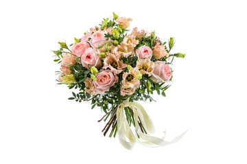 Fresh, lush bouquet of colorful flowers for present isolated on white background. Wedding bouquet of pink rand yellow roses and freesia flowers