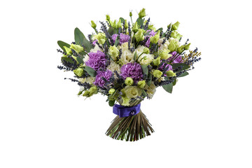 Fresh, lush bouquet of colorful flowers for present isolated on white background. Wedding bouquet of yellow roses and freesia flowers