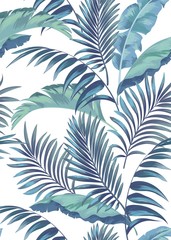 Fototapeta na wymiar Green tropical palm leaves seamless vector pattern on the black background.Trendy summer print.