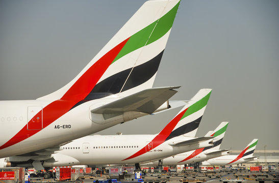 DUBAI - AUGUST 2008: Line of Emirates Airlines aircrafts in Dubai International Ariport