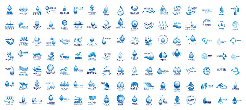 Water Splash Vector And Drop Logo Set - Isolated On White. Vector Collection Of Flat Water Splash and Drop Logo. Icons For Droplet, Water Wave, Rain, Raindrop, Company Logo And Bubble Design