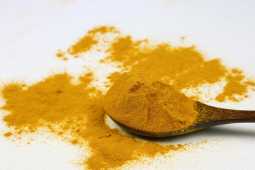 Turmeric powder in a wooden spoon isolated on a white background is an ingredient in turmeric foods and ingredients in skin care products. Turmeric helps the skin to be strong.