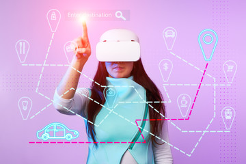 Woman makes a route using virtual reality headset.