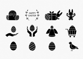Easter icon set. Collection for symbols of religious holiday. Eggs, bird, cake, Easter bunny, human hands and angel. Black silhouettes on white. Vector