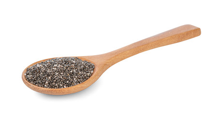 Chia seeds in wooden spoon isolated with white background