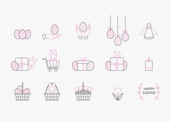 Easter icon set in black and pink color. Thin line drawing. Linear illustration isolated. Religious holiday symbols. Vector