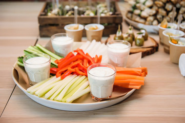 Banquet service. Catering food, snacks with cheese. Salat with shrimp. Different colorful meals for breakfast or lunch time. Meat canape