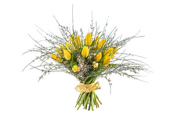 Fresh, lush bouquet of colorful flowers for present on white background. Wedding bouquet of yellow...