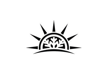Stylized sun emblem representing nature with leaves and rising with radiating sunrays