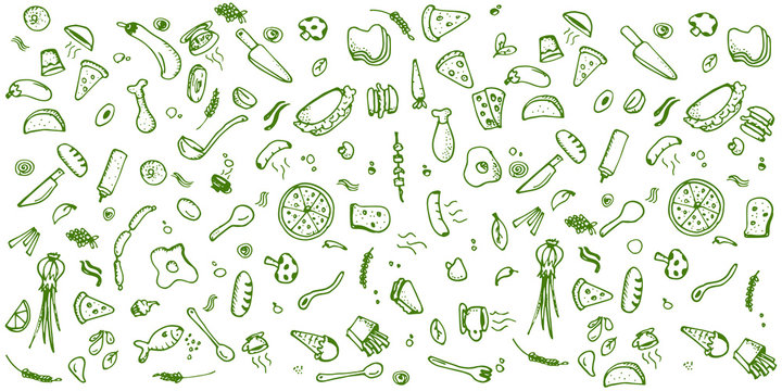 Set Of Fast Food Green Doodles On White Background. Vector Illustration With Hand Sketches. Perfect For Menu Or Food Package Design.