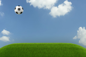 3Dレンダリングによる青空へ蹴りだされたサッカーボールと草原のイラスト