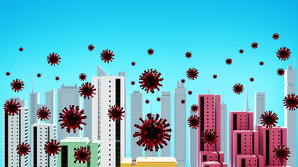viruses in the air that floating spread on the city., COVID-19 concept, 3D Rendering