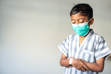 Young Muslim Boy wearing a mask praying. Covid-19 coronavirus concept. Shallow depth of field.
