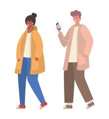 Boy and girl with smartphones vector design