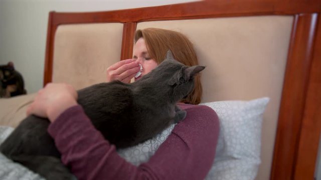 Sick woman laying in bed with cats 4k