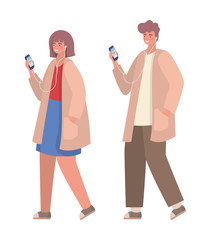 Boy and girl with smartphones vector design
