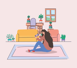 Girl with smartphone at home vector design