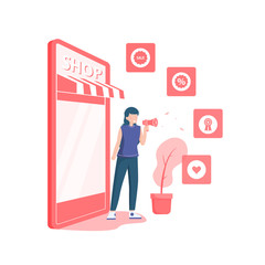 Illustration of girl with megaphone standing in front of online mobile shopping in flat style vector. Promotion Shop vector illustration