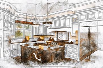 Beautiful Custom Kitchen Design Drawing Illustration Details