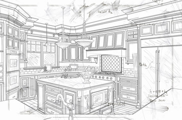 Beautiful Custom Kitchen Design Line Drawing Details