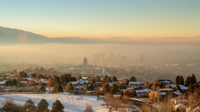 Winter Sunrise Timelapse of Salt Lake Valley with Downtown and Capitol Building