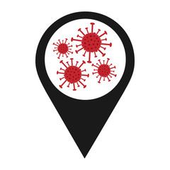 Flat location icon. Isolated Black map pin with a virus icon on a white background. Global coronavirus contamination concept