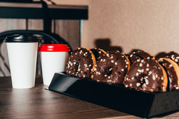 chocolate donuts at the coffee shop