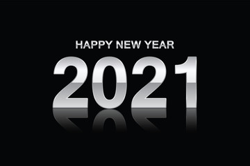 Happy New Year 2021 - Number 2021 Metallic Chrome Style on black background greeting card. illustrator vector