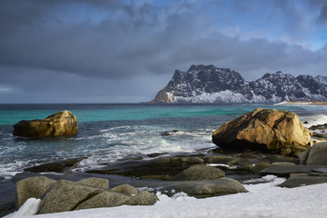 Storm on the sea coast, Lofoten Islands, Norway