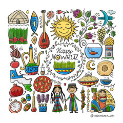 Nowruz, holiday of arrival of spring. Holiday symbols, people, food, customs and traditions. Uzbekistan art. Gift card design