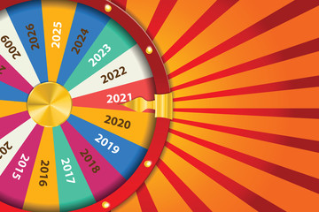 Realistic 3d spinning fortune wheel, lucky roulette Happy new year 2021 vector illustration. Abstract concept graphic gambling element