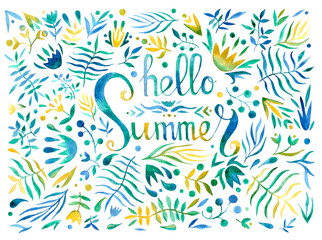 Fototapeta premium Hello Summer banner, poster template with spring flowers. Frame with contour green and blue leaves on white background. Watercolor painting for design with text.