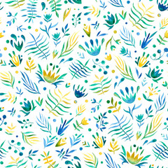 Fototapeta na wymiar Seamless pattern of hand made watercolor leaves and flowers. PolkaDot background with cute watercolor elements for design, nursery, baby and kids products