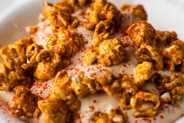 delicious dessert with popcorn and caramel