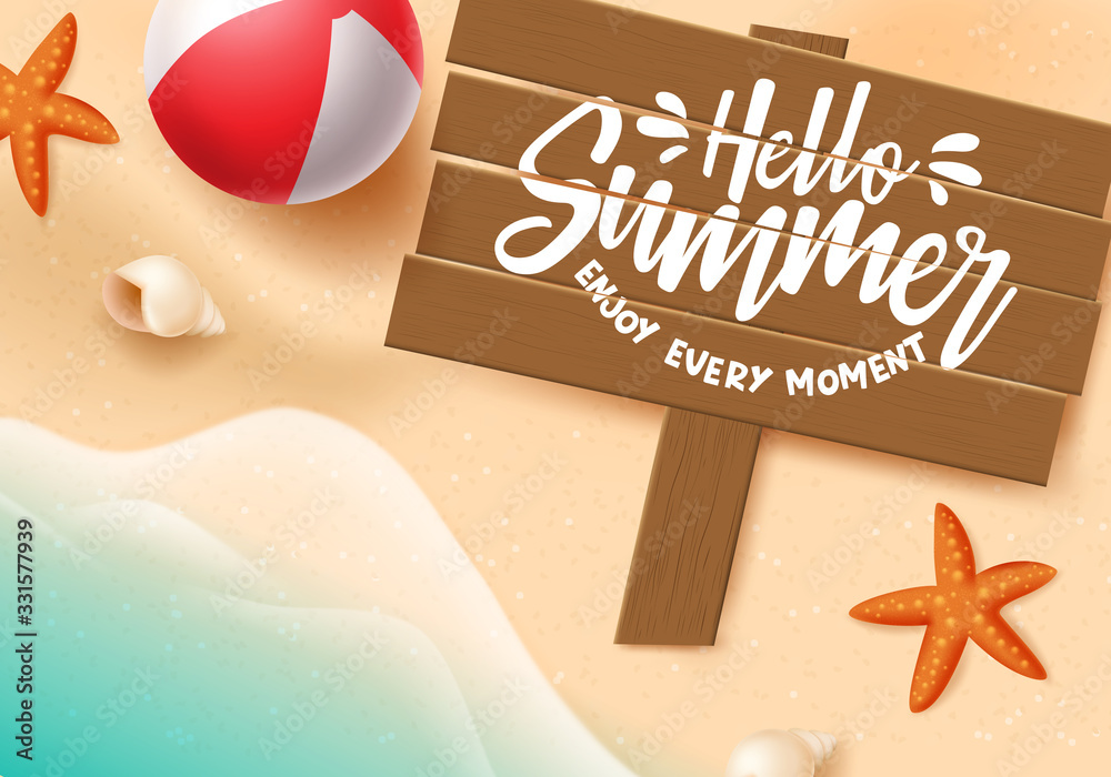 Wall mural hello summer vector banner. hello summer typography in wood space for text with beach elements like 
