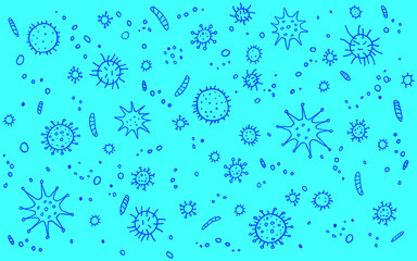 Virus, Coronavirus. Background, pattern, frame with outline Molecules and cells viral bacteria infection. Simple doodle icons. Microbiology