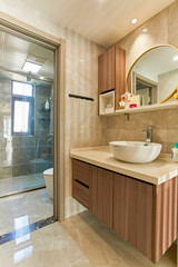 Fototapeta na wymiar Refurbished bathroom in model home