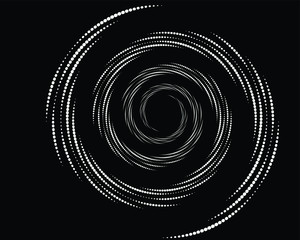 Abstract halftone dots in spiral form. Geometric dotted shape. Monochrome background. Design element for prints, web pages, template
