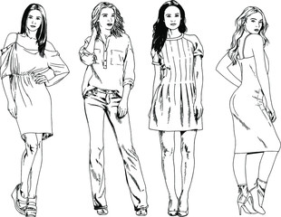 vector drawings on the theme of beautiful slim sporty girl in casual clothes in various poses painted ink hand sketch with no background