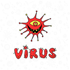 Cartoon virus character illustration on white background. Isolated character, icon, monster, microbe, pathogen