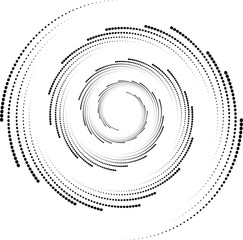 Abstract halftone dots in spiral form. Geometric dotted shape. Monochrome background. Design element for prints, web pages, template
