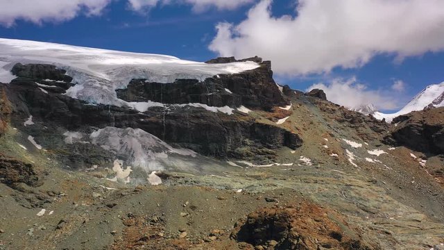 Aerial, pan, drone shot of the Monte Rosa glacier, in Parco dell Alta Val Strona national park, in Italy