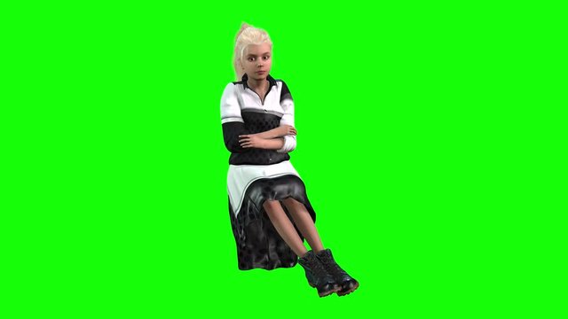 4k 3d animation of a Avatar blond girl wearing a black and white patterned dress, sits and talks in an agitated manner.