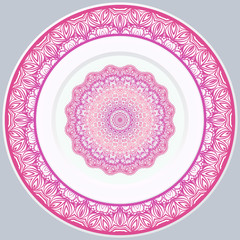 decorative plates for interior design. Empty dish, porcelain plate mock up design. Vector illustration. Decorative plates with Mandala ornament patterns. Home decor background